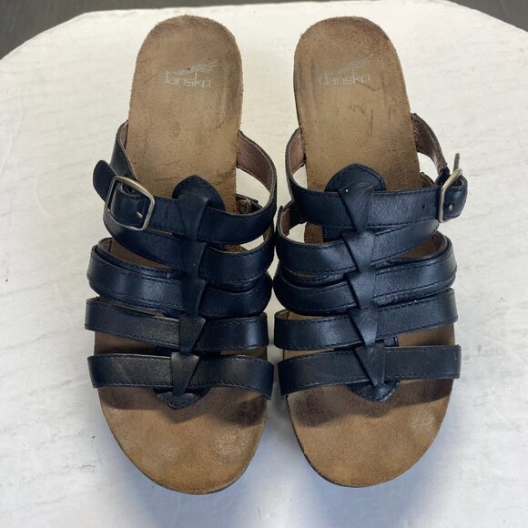 DANSKO Womens Size 40 Dina Black Leather High Heel Stappy Open Toe Slide Sandals - Picture 3 of 15